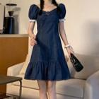 Puff-sleeve Lace Trim Denim A-line Dress