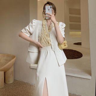 Lantern-sleeve V-neck Blazer/ Puff-sleeve V-neck Floral Blouse/ High Waist Plain Slit Skirt