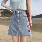 Heart Embroidered Frayed Mini A-line Denim Skirt