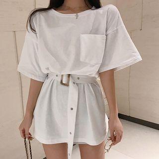Elbow-sleeve Belted A-line Mini T-shirt Dress