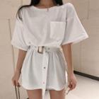 Elbow-sleeve Belted A-line Mini T-shirt Dress