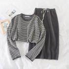 Striped Long-sleeve Knit Top + Midi Skirt