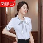 Bow Accent Elbow-sleeve Shirt/ Mini Pencil Skirt/ Slim-fit Cropped Dress Pants/ Set