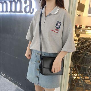 3/4-sleeve Patterned Polo Collar T-shirt