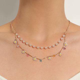 Faux Pearl Floral Layered Necklace