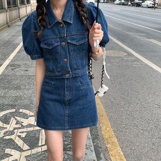 Puff-sleeve Denim Jacket / A-line Denim Skirt