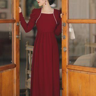 Long-sleeve Square-neck Faux Pearl Trim Midi A-line Dress