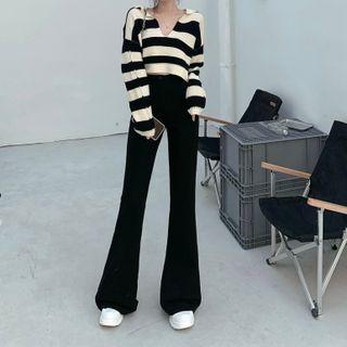 Long-sleeve Striped Cropped Knit Top / High-waist Boot-cut Pants