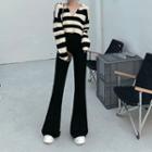 Long-sleeve Striped Cropped Knit Top / High-waist Boot-cut Pants