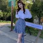 Long-sleeve V-neck Top / Floral A-line Skirt
