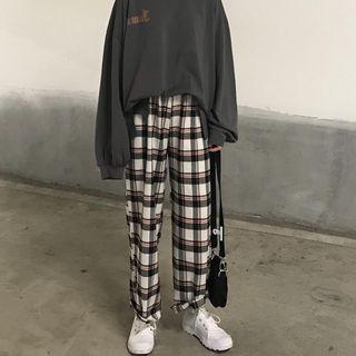 Letter Printed Sweatshirt / High-waist Plaid Pants