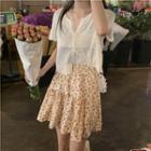 Short-sleeve Pointelle Knit Top / Flower Print Mini A-line Skirt