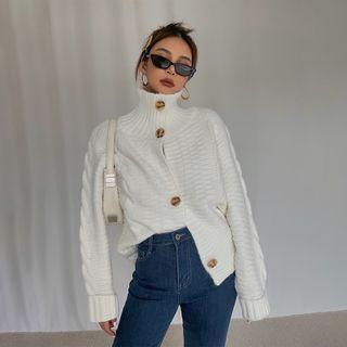 High-neck Button-up Sweater White - One Size