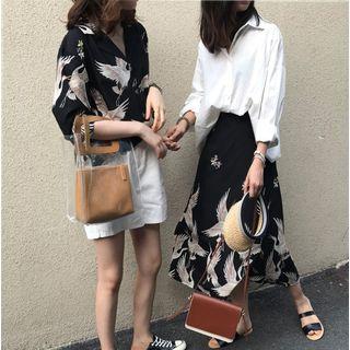 Crane Print Shirt / Slit Midi Skirt