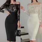 Long-sleeve Off-shoulder Lace Panel Midi Dress
