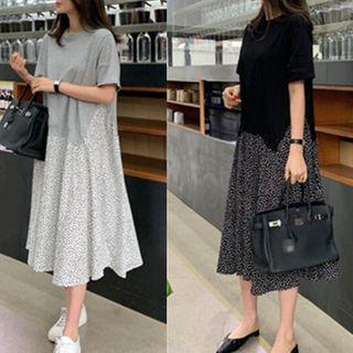 Mock Two-piece Short-sleeve Midi Floral Dress