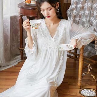 Bell-sleeve V-neck Midi A-line Sleep Dress