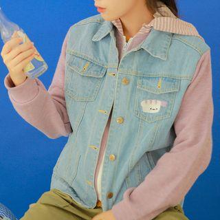 Mock Two-piece Denim Panel Hooded Buttoned Jacket