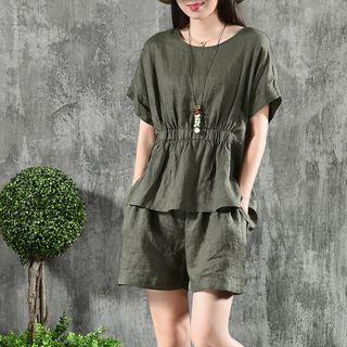 Set: Short-sleeve Gathered Waist Top + Shorts