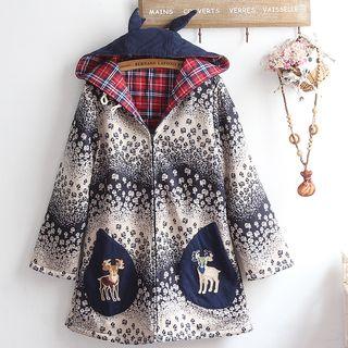 Deer Patterned Hooded Zip Coat/ Mock Two-piece Animal Print Pullover/ Set