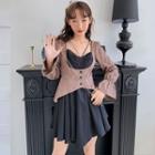 Mock Two-piece Puff-sleeve Shirred Dress