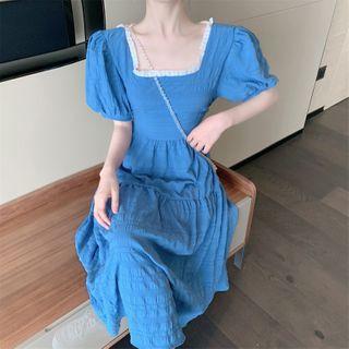 Puff-sleeve Faux Pearl Open-back A-line Mini Dress
