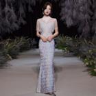 Fringed Mesh Panel Sequined Mermaid Evening Gown