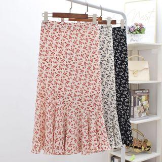 Floral Chiffon Frill Trim Midi Skirt