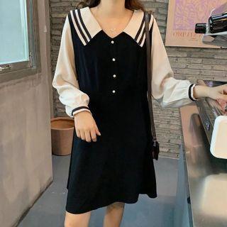 Peter Pan-collar Long-sleeve Striped Panel Dress