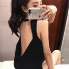 Loose-fit Open-back Printed Tank Top Black - One Size