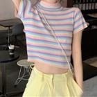 Short-sleeve Striped Knit Top Purple & Blue & Pink - One Size