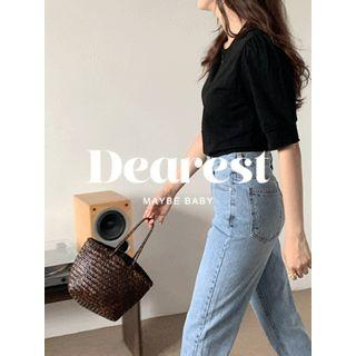 Half-placket Puff-sleeve Top One Size