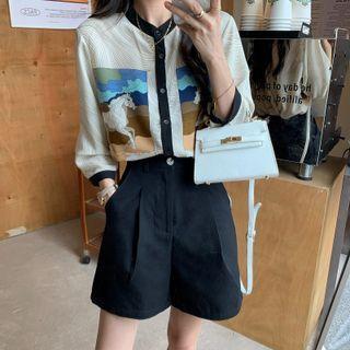 Round-neck Color Block Print Short-sleeve Top / Plain Pants