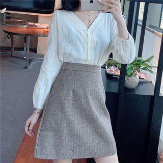 Long-sleeve Plain Lace Blouse / High-waist Plain Skirt