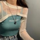 Pointelle Knit Cropped Sweater / Letter Embroidered Camisole