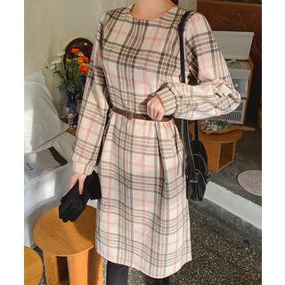 Round-neck Plaid Dress With Belt