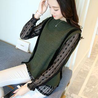 Set: Long-sleeve Lace Top + Sweater Vest