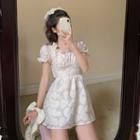 Puff-sleeve Mesh Panel Floral A-line Dress