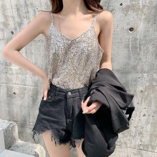 Spaghetti Strap Sequin Top As Shown In Figure - One Size