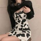 Cropped Pullover / Milk Cow Print Spaghetti-strap Mini A-line Dress