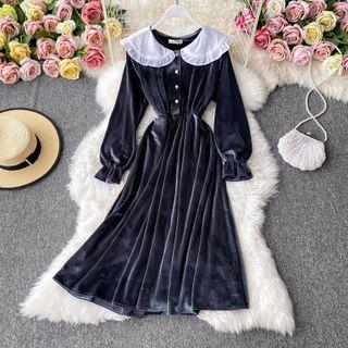 Collared Long-sleeve Velvet Dress