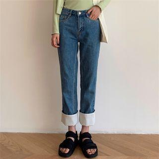 High-waist Straight-cut Roll-up Jeans