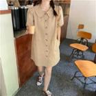 Short-sleeve Plain Mini Dress Khaki - One Size