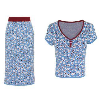 Set: Floral Short-sleeve Top + Midi Skirt Blue - One Size