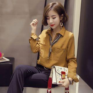 Pocketed Long-sleeve Blouse With Striped Scarf
