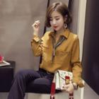 Pocketed Long-sleeve Blouse With Striped Scarf