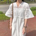 Elbow-sleeve Lace Panel Midi A-line Dress White - One Size
