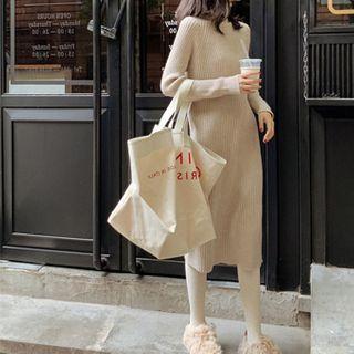 Turtleneck Midi Sheath Ribbed Knit Dress