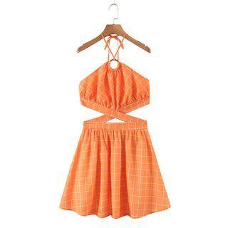 Halter Plaid Cut-out Mini A-line Dress