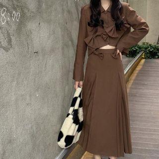 Long-sleeve Plain Bow Jacket / High-waist Plain Pleated Midi Skirt